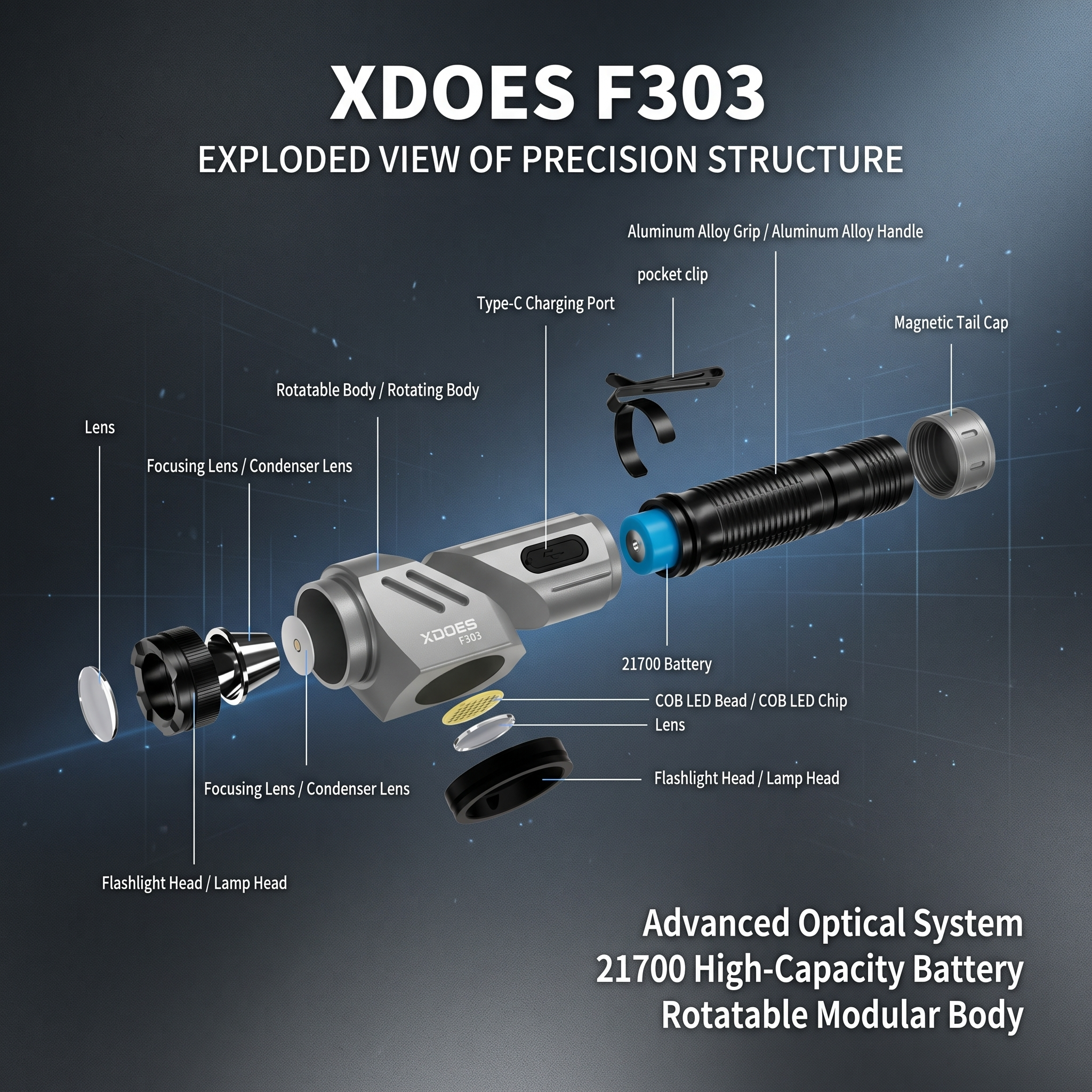 Exploded structure of the XDOES F303 work light